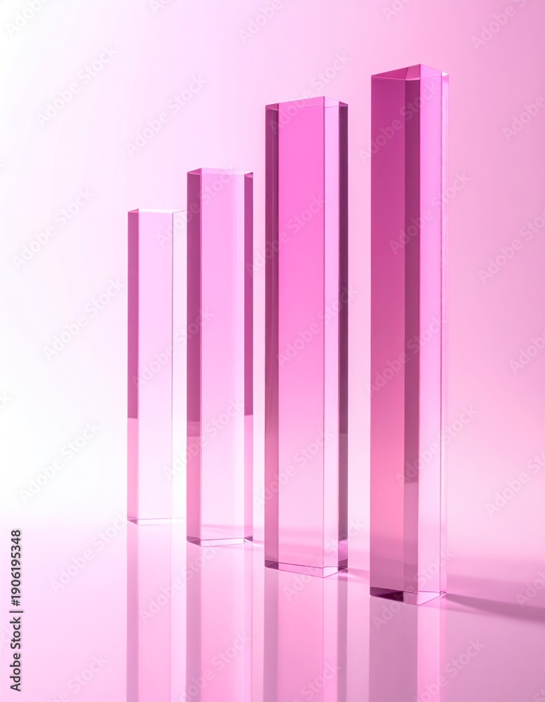 Fototapeta premium Pink Transparent Acrylic Blocks Arranged as a Bar Graph on Reflective Surface.