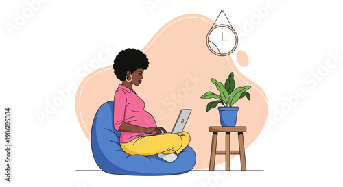 Pregnant Black Woman Working From Home on Laptop Illustration