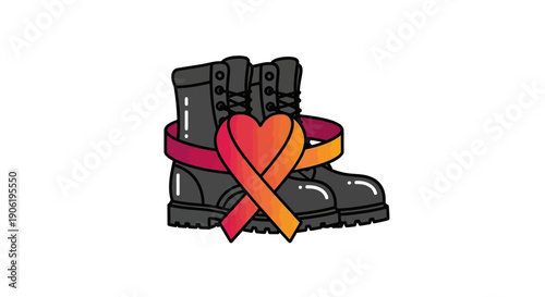 Strong military boots adorned with a vibrant heart-shaped awareness ribbon symbolizing profound
