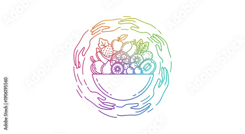 Vibrant Gradient Line Art Illustrating Community Hands Supporting a Bowl of Fresh Healthy Fruits