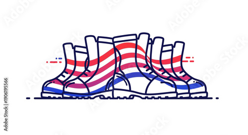 Minimalist graphic illustration of patriotic boots in a line with red white and blue stripes
