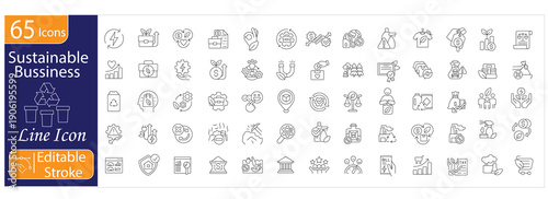 Sustainable business icons set, green economy, ESG, corporate responsibility, renewable energy, eco friendly strategy, environmental management, editable stroke vector Illustration