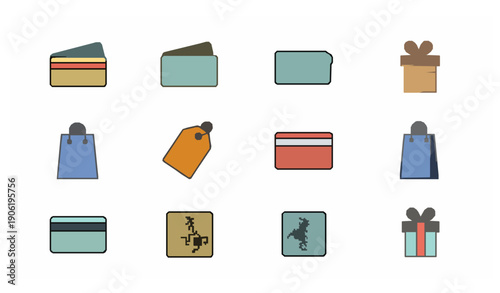 Gift card icons pack with voucher and discount symbols in modern flat vector style for e commerce and fintech UI isolated on white background