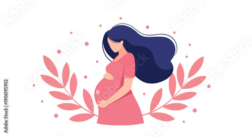 Pregnant Woman Holding Belly Illustration with Floral Elements