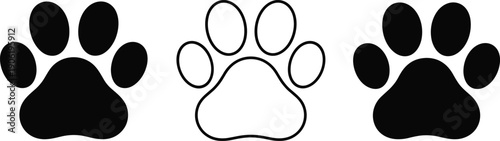 Set of black and outline paw prints icons, animal footprint silhouettes, pet track symbols, minimal vector illustration isolated design collection decorative graphic