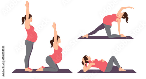 Pregnant Woman Doing Prenatal Yoga and Exercise Routine Illustration