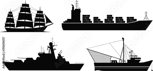 Ship silhouette collection featuring sailing ship, cargo vessel, naval warship and fishing boat vector illustration, maritime transportation icons isolated on white