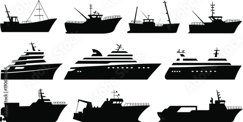 Ship silhouette vector set, cargo vessel, cruise ship, fishing trawler and industrial boat collection, maritime transportation illustration isolated on white