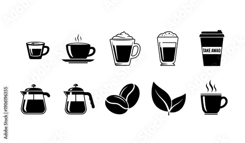 Coffee Beverage Vector Icons Set Espresso Cappuccino Black and White