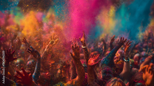Fotografi Joyful crowd celebrating with vibrant colored powder in the air