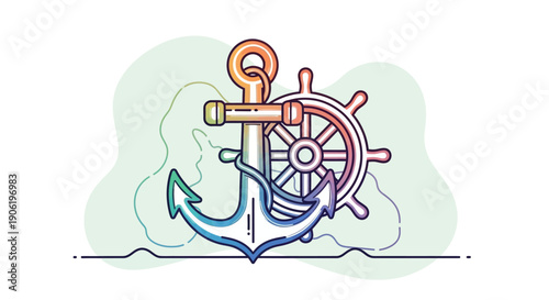 Nautical vector illustration featuring a colorful ship anchor and steering wheel in a modern