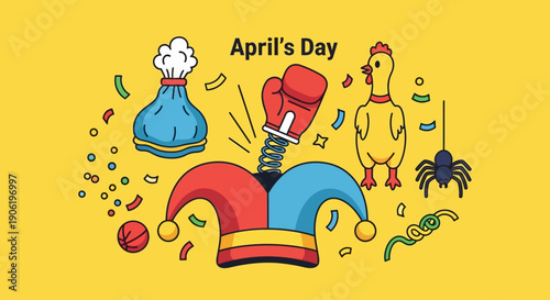 Vibrant April's Day celebration with jester hat, boxing glove, chicken, and spider