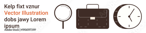 Time management, business planning, organization, work tools, professional strategy, efficiency. Magnifying glass, briefcase and clock icons in simple design. Time management and business planning