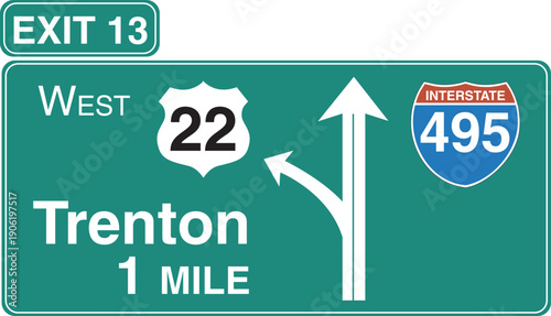 A green highway road sign with multiple arrows points toward a successful direction on a freeway under a blue sky, symbolizing a business choice and the way forward