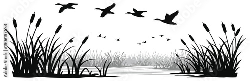 ducks flying over the water in a field