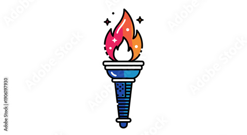 Vibrant cartoon style torch with bright flame and celebratory sparkles vector graphic