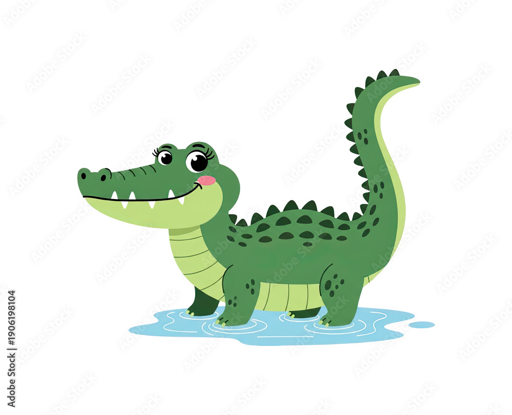 Obraz premium Smiling cartoon alligator standing in shallow water with playful expression