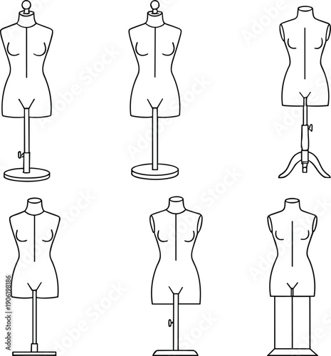 Female dress form mannequins line icons set tailoring fashion display stands vector collection isolated modern design