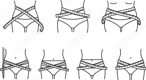 Waist measurement slimming progress icons set body transformation fitness tracking vector collection isolated modern health design