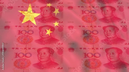 China yuan bills printing  animation with China flag background. China economy footage.
