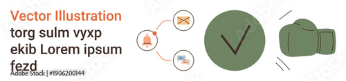 Data security, notifications, identity verification, risk management, alerts, authentication. Icons of email, bell ID checkmark and boxing glove. Data security and notifications concept