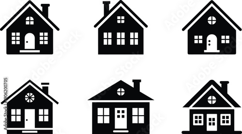 Six Black and White House with Different Window and Door