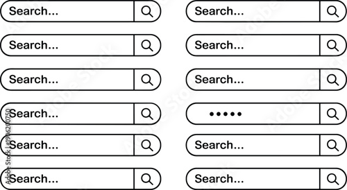 Various styles of search bar with magnifying glass symbols