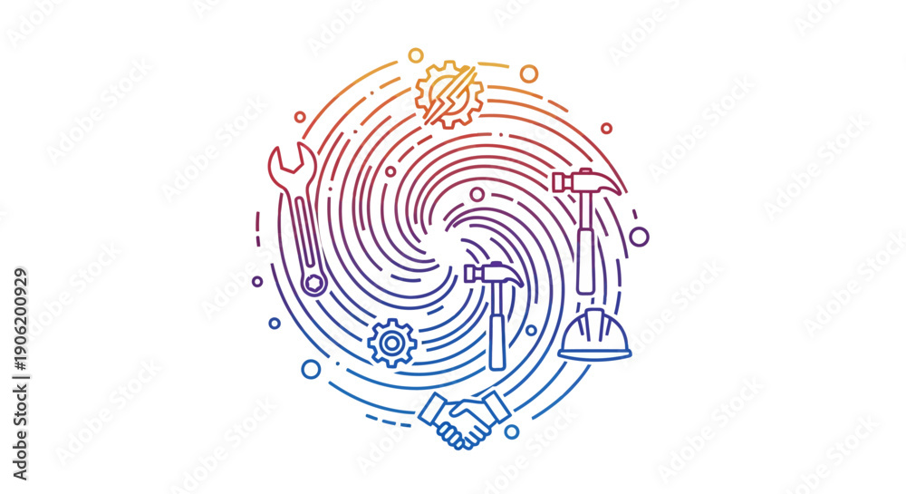 Fototapeta premium Dynamic Industrial Tools and Collaboration Concept with Gradient Spiral Design in Line Art
