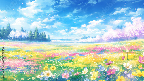 優雅に舞う桜と空を仰ぐ光の中に広がる春の幻想風景イラスト・自然・花・ナチュラル・やさしさ・穏やかさ・広告・チャンネル背景に適した素材