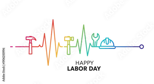 Happy Labor Day celebration featuring colorful essential worker tools in a vital heartbeat line