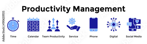 Productivity Management Icon Set. Containing Time, Calendar, Team Productivity, Service, Phone, Digital, Social Media