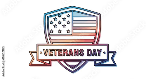 Stylized Veterans Day patriotic shield with American flag and banner illustration honoring