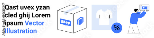 Box labeled shop, T-shirt icon, percentage symbol, man holding screen. Ideal for online shopping, product listings, marketing, sales, retail strategies discounts simple landing page