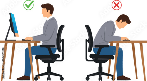 Correct and incorrect sitting posture infographic showing a man at a desk with flat vector computer ergonomics for healthy spinal alignment.