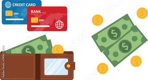 Flat vector illustration of a leather wallet with cash money, gold coins, bank credit cards, and dollar bills for finance.