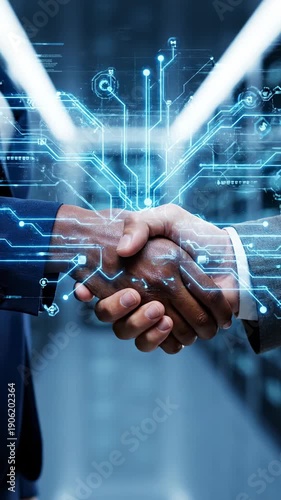 Two diverse business partners in dark suits shake hands in a blue lit server room with glowing digital circuits connecting them symbolizing technology and agreement