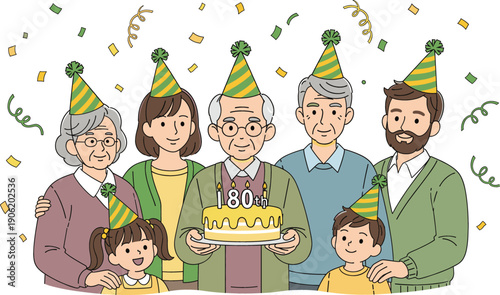 Vector illustration of a happy multi generational family celebrating an 80th birthday together with a cake party hats and falling confetti.