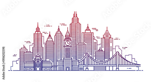Vibrant gradient city skyline illustration featuring iconic architectural landmarks and modern