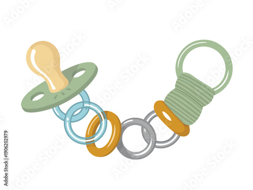 Gentle baby pacifier with colorful teething rings and clip, a comforting accessory for little ones.