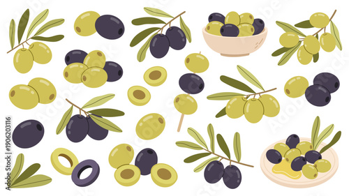 Detailed vector set of fresh green and black olives on branches, sliced, and in bowls. Hand-drawn flat style for Mediterranean cuisine branding, healthy food menus, and organic oil packaging. 
