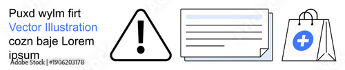 Safety guidance, online shopping, healthcare, medical alerts, document handling, warnings. A warning triangle, document and shopping bag with a medical cross symbol. Safety guidance and online
