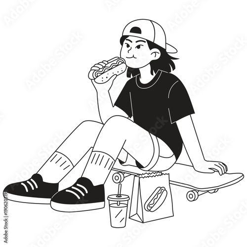 Hot Dog Illustration. Vector illustration of Young woman sitting on skateboard eating a hot dog with drink beside her, casual street food lifestyle concept. Isolated on background