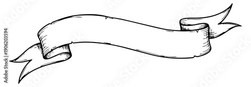Hand drawn line art illustration of a ribbon banner depicting an empty scroll for decorative text