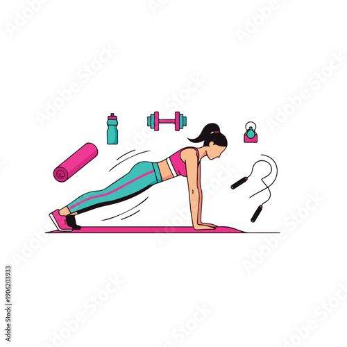 Woman Doing Push Up Fitness Exercise at Home