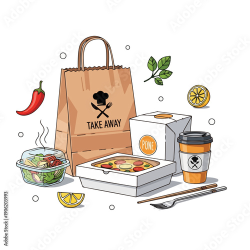 Healthy Takeaway Food Paper Bag Illustration