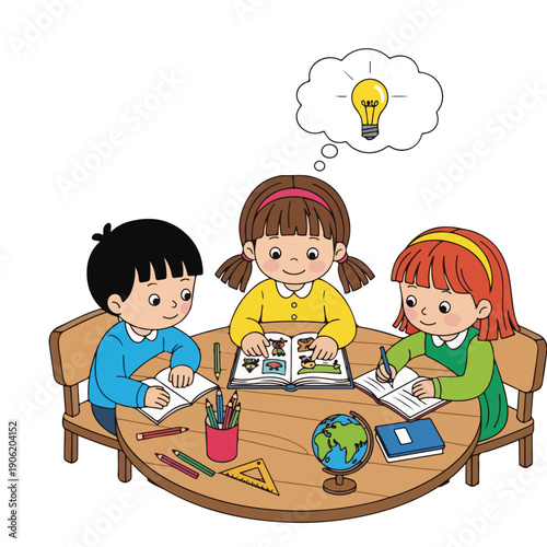 Children Studying Together at Classroom Table