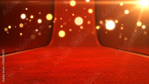 VIP guests walk the red carpet at a luxurious event entrance with golden bokeh lights