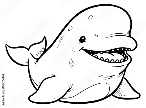 Hand drawn line art illustration of a beluga whale depicting a friendly smile for marine life projects