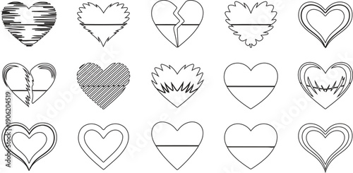 A collection of 18 heart designs arranged in a grid pattern, all featuring the Ukrainian flag colors of blue and yellow.