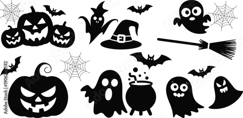 Halloween spooky icons set with pumpkins ghosts bats witch hat broom cauldron silhouettes vector illustration isolated on white background design